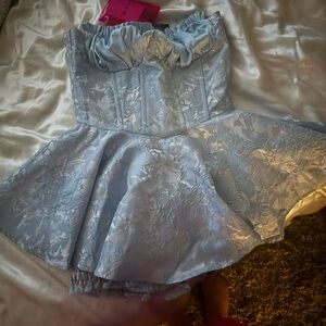 Baby blue satin sleeves strapless Dress 
Tailor made Nana Jacqueline inspired